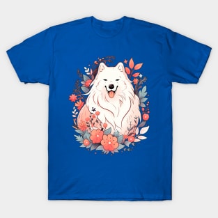 Samoyed Dog Red Flowers T-Shirt